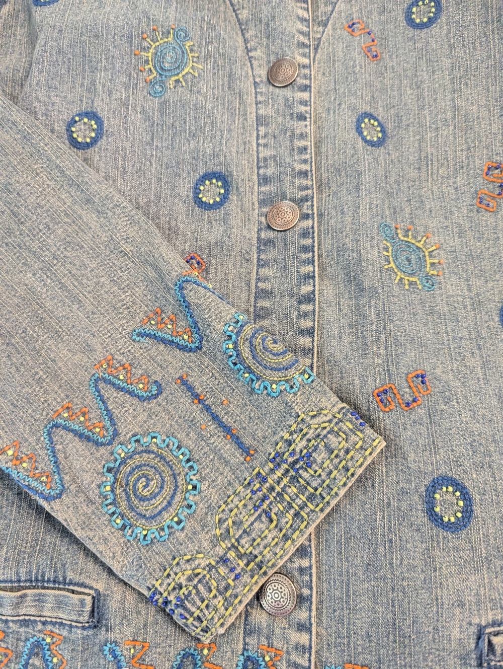 90s Hearts Of Palm Embroidered Beaded Blue Brushed Denim Jean Jacket Women's 18 - Picture 7 of 12